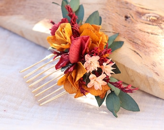 Peinetas VERA con flores secas y preservadas en ocre y terracota, estilo bohemio para bodas; peineta para bodas de verano con flores naturales y sostenibles.