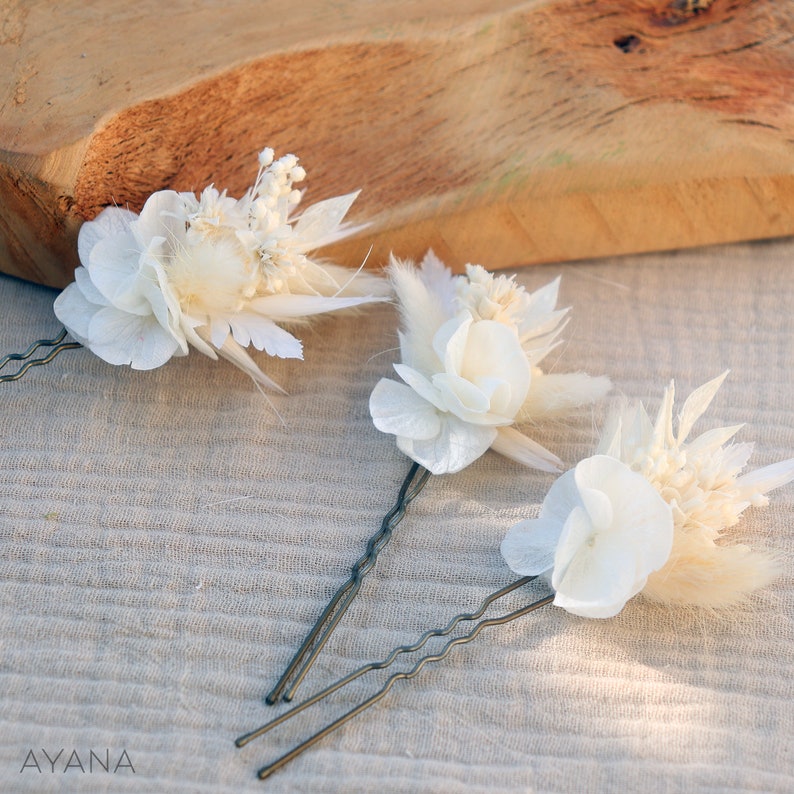 Viele Haarnadeln von OLWEN, getrocknete und stabilisierte weiße Blumen, Boho-Chic-Hochzeit, getrocknete Blume auf Haarnadel für Hochzeit, Taufe oder Kommunion Bild 4