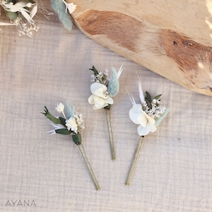 Lot épingles à cheveux GIULIANA en fleurs séchées et stabilisées pour coiffure mariage bohème en Provence couleur ivoire et vert sauge Lot 3 épingles