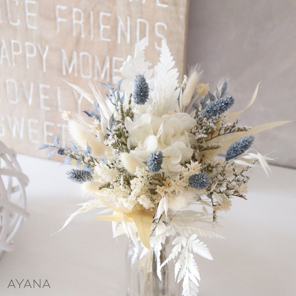 Bouquet OSLO en fleur séchée et stabilisée couleur dusty blue, bouquet mariage bohème bord de mer, cadeau arrangement floral tendance