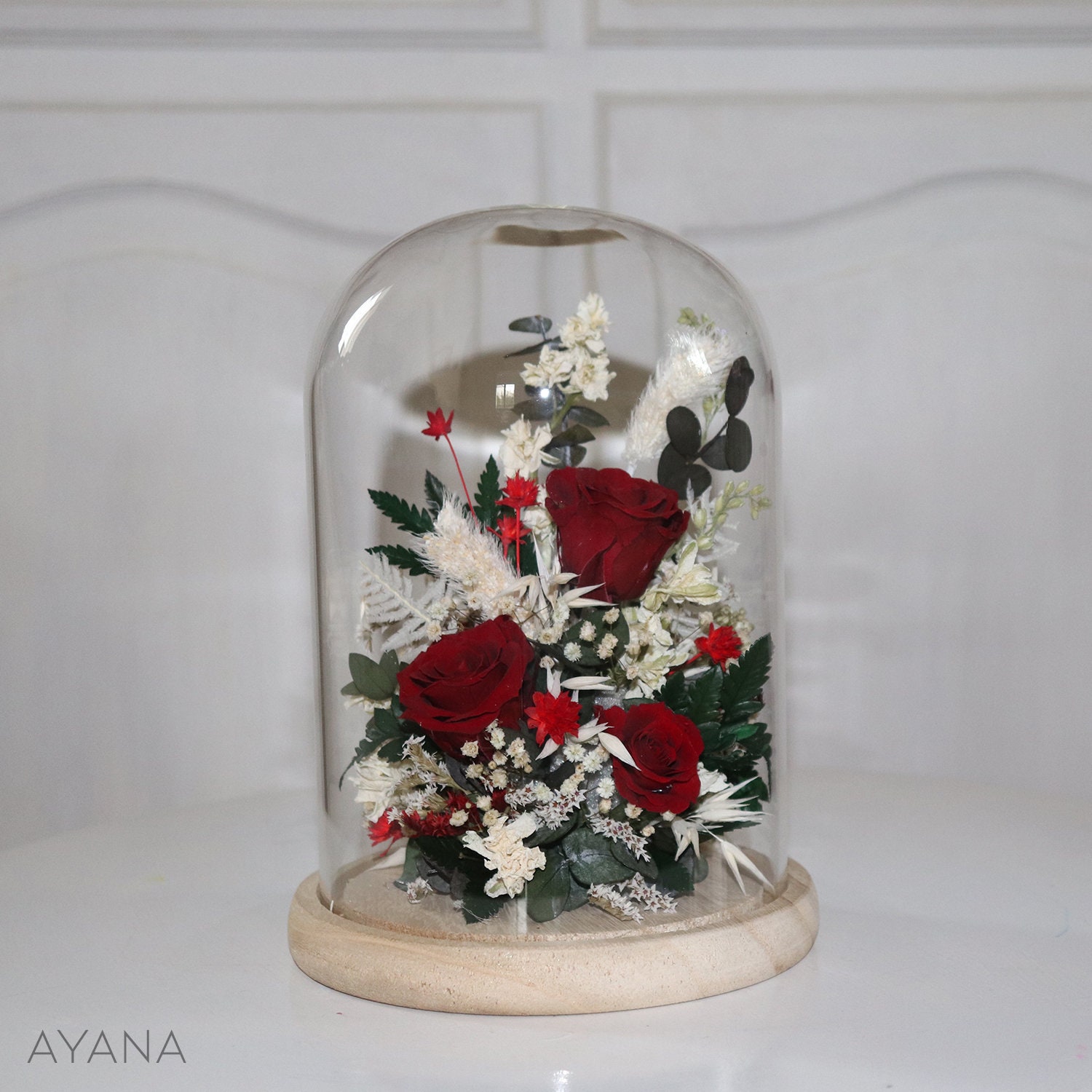 Grande Cloche Rose Éternelle Ambiance Festive, Fleur Stabilisée et Séchée Rouge Blanc Sous en Verre 