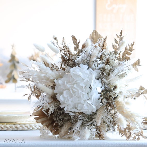 Ramo de flores secas LINZ, decoración blanca y dorada, arreglo