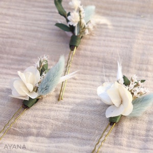 Set of GIULIANNA hairpins in dried and preserved flowers for boho wedding hairstyle in Provence ivory and sage green color image 4