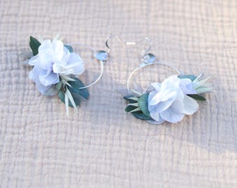 ANCOLIE Earrings – Preserved Flowers Blue & White Eucalyptus, Silver Hoops, Boho Wedding Chic Bridal Jewelry