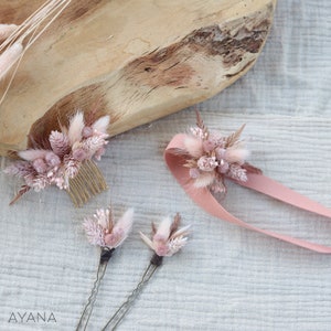 BRIDGET comb dried and preserved flower pink blush romantic hairstyle, Long lasting natural flower haircomb for boho eco-responsible wedding peigneS+2pics+ brac.