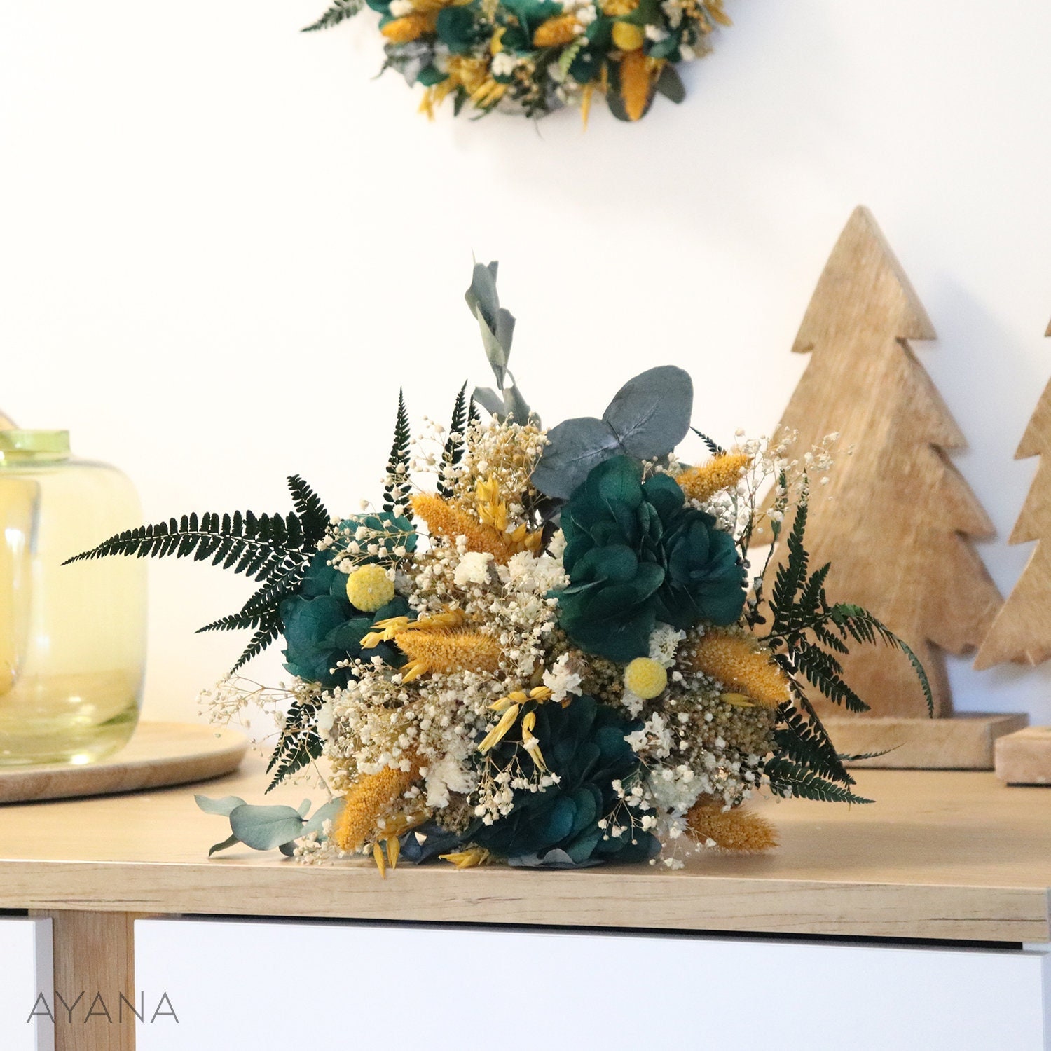 Bouquet Fleurs Stabilisées Vert Émeraude Trinidad, Déco Tendance Exotique Couleur Emeraude et Jaune 