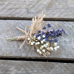 Buttonhole AUTHENTICITE a rustic wedding lavender and baby&#39;s breath brooch, preserved and dried flower hair accessory  Wedding in Provence