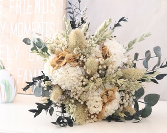 Bouquet OBERNAI fleur séchée et stabilisée teintes naturelles beige et vert tendre, arrangement fleur sche pour decoration et mariage bohème