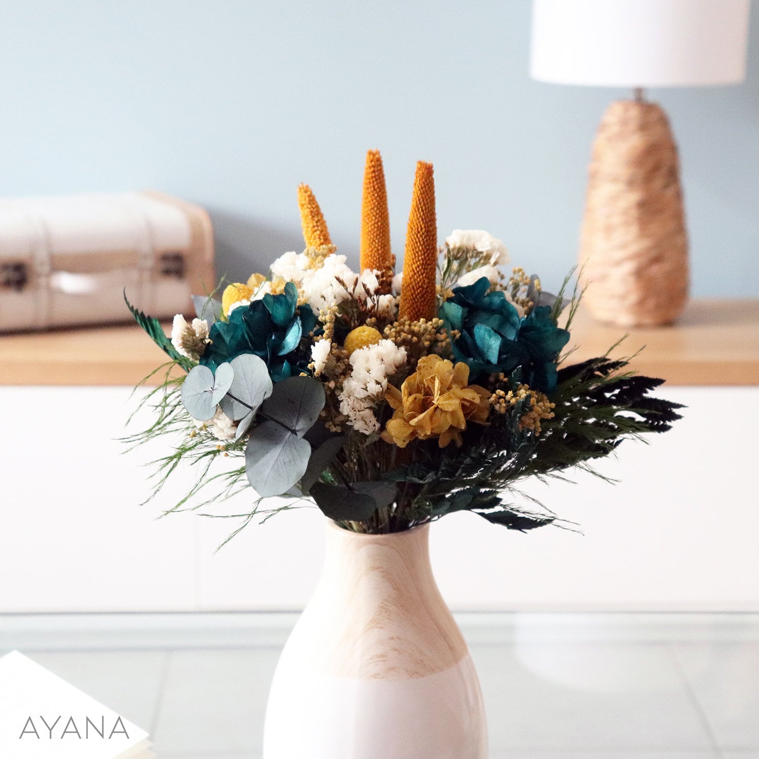 Bouquet La Havane Fleurs Séchée et Stabilisées Vert Émeraude Jaune Moutarde Décoration Tendance, Bou