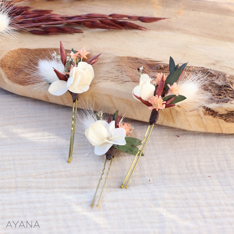 Hair comb ROSITA dried and preserved flowers terracotta shade boho wedding, Hairdressing comb natural flower sustainable country wedding lot 3 pics