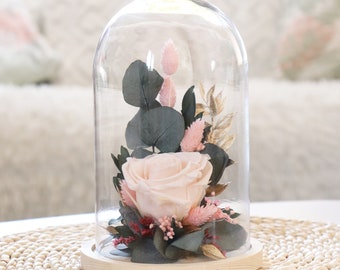 Cloche déco FLEUR D'AURORE rose stabilisée rose nude et fleurs séchées, cadeau personnalisé cloche en verre décoration d'intérieur tendance