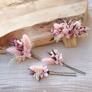 Lot épingles à cheveux ELEANOR en fleur séchée pour coiffure mariage bohème rose et terracotta, accessoire cheveux teintes pastel 1 peig.S+2pics+1bout