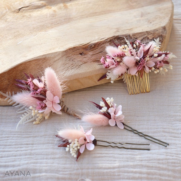 Set of ELEANOR hairpins in dried and preserved flowers for pink and terracotta boho wedding hairstyle, pastel shades hair accessory