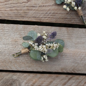 Boutonniere NATURE, dried flowers accessory for wedding, blue thistle brooch for groom, original witness gift