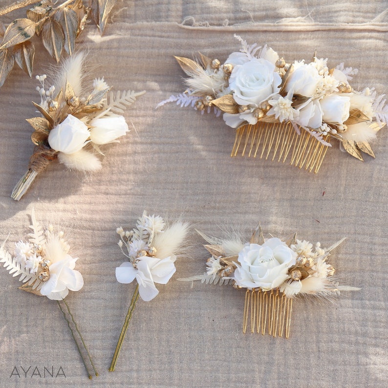 Accessoire de coiffure CHARLINE en fleur séchée et stabilisée pour mariage bohème chic blanc et doré, épingle et peigne blanc rose éternelle image 9