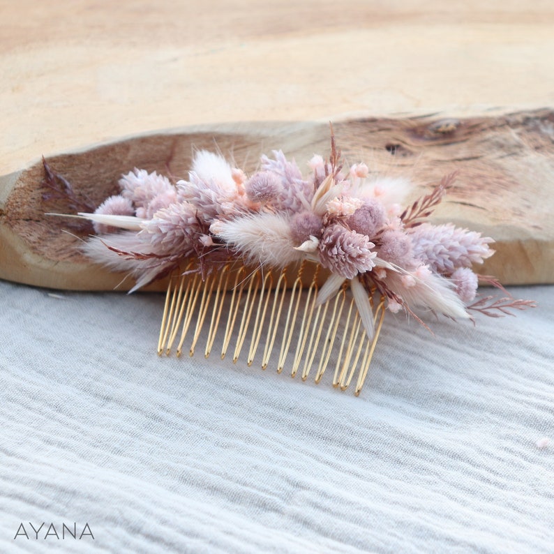 BRIDGET comb dried and preserved flower pink blush romantic hairstyle, Long lasting natural flower haircomb for boho eco-responsible wedding 1peigne classique(M)