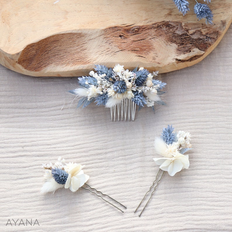 Set of OCEANE hairpins in dried flower for boho wedding hairstyle dusty blue color, ocean blue comb wedding summer seaside 1 peigne S + 2 pics