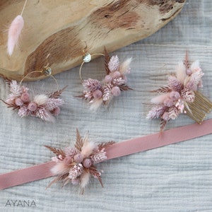 BRIDGET comb dried and preserved flower pink blush romantic hairstyle, Long lasting natural flower haircomb for boho eco-responsible wedding peigneS+BO+bracelet