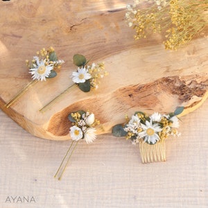 Lot épingles à cheveux ROXANE fleur séchée mariage champêtre, accessoire coiffure d'été petite fleur blanche et jaune thème campagne chic image 5