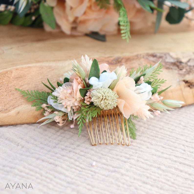 Peigne cheveux COLINE fleur séchée et stabilisée couleur pêche mariage printemps, accessoire coiffure de mariée fleur naturelle durable image 3