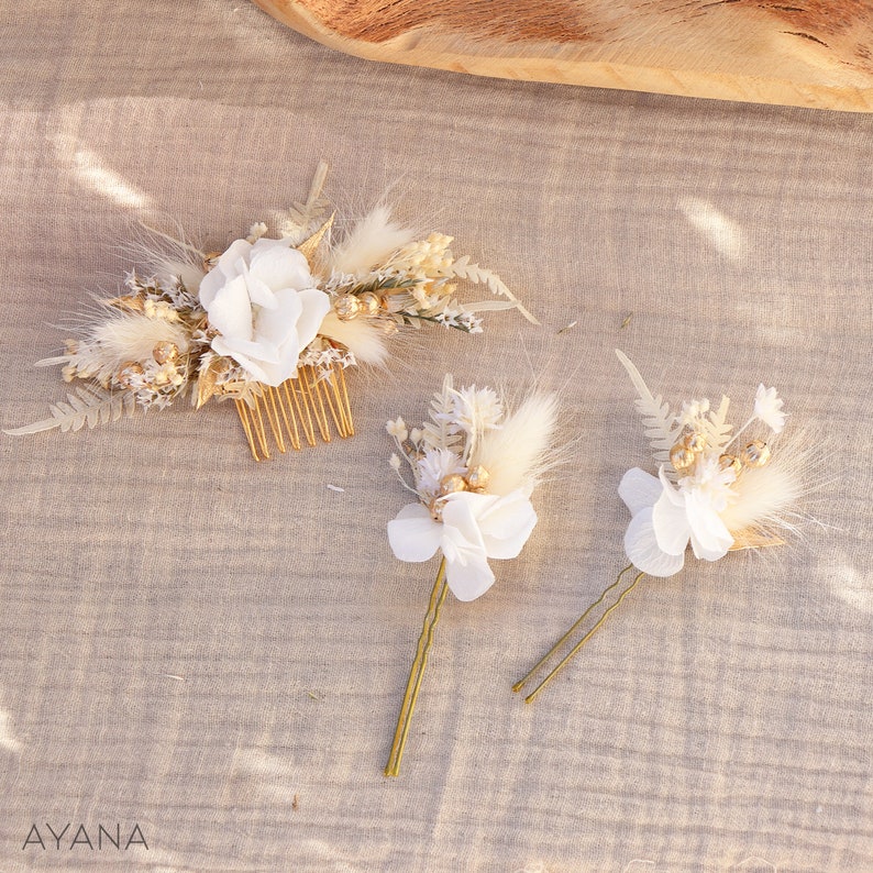 Set of hairpins ISABEL with white and gold dried flower, preserved white hydrangea hair accessory for wedding party, baptism, Christmas 2 pics + 1 peigne S