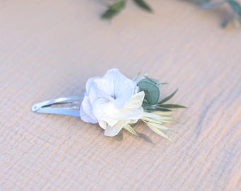 ANCOLIE Hair Clip – Preserved Blue & White Flowers, Eucalyptus, Boho Wedding Chic Bridal Hair Accessory