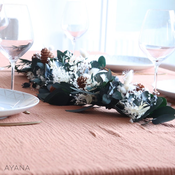 Chemin de table MERIBEL décoration de cheminée Noël, arrangement fleur schée et stabilisée fêtes, centre de table mariage nature et rustique