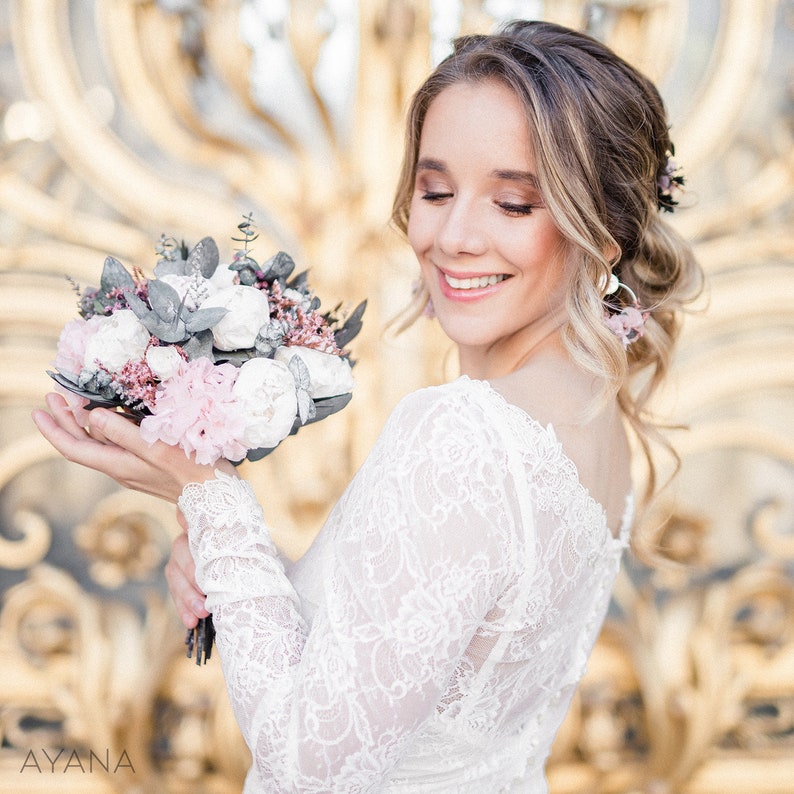Bouquet de mariée PARIS en pivoines et roses naturelles éternelles, bouquet en fleurs séchées et stabilisées pour mariage bohème image 5
