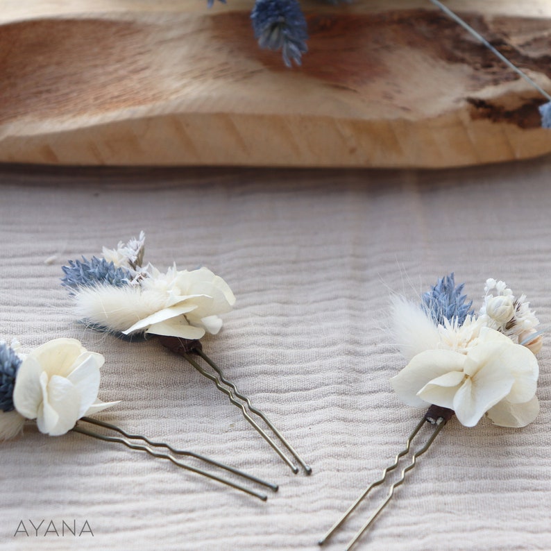 Set of OCEANE hairpins in dried flower for boho wedding hairstyle dusty blue color, ocean blue comb wedding summer seaside image 4