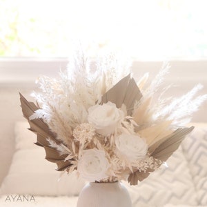 Trendy bridal bouquet OXFORD made of dried and preserved natural flower, boho style wedding bouquet with white eternal rose, pampas and palm image 5
