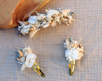 Pinzas para el cabello ISABEL con flores blancas preservadas y doradas para niños y adultos, accesorio para bodas, bautizos y comuniones.