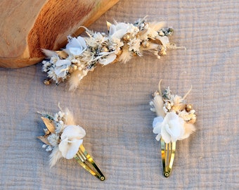 Hair clips ISABEL in white and gold preserved flowers for children and adults, Wedding or baptism and communion hair accessory.