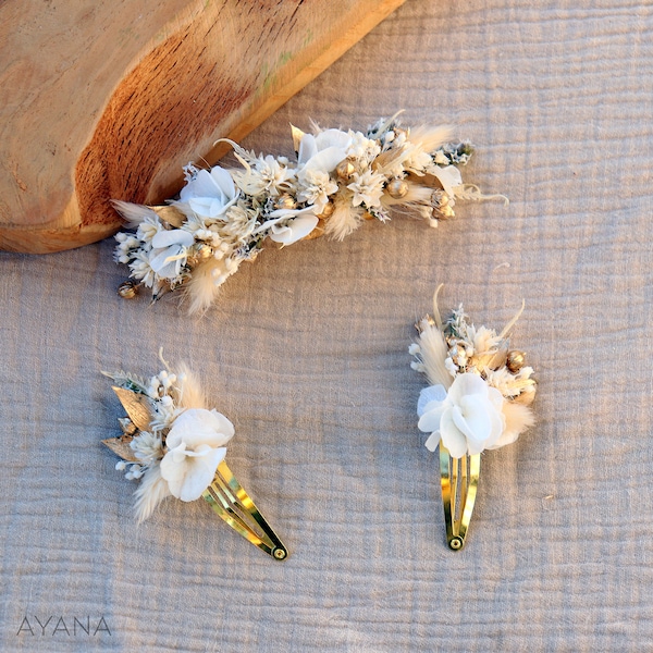 Barrettes à cheveux ISABEL en fleurs stabilisées blanches et dorées pour enfant et adulte, Accessoire à cheveux mariage, baptême, communion