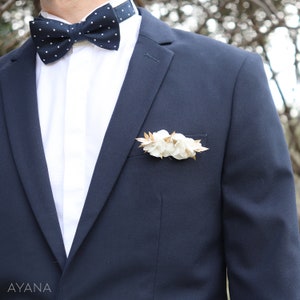 Buttonhole YACHTMAN floral clutch white and gold groom for boho chic wedding, preserved hydrangea boutonniere for groom suit