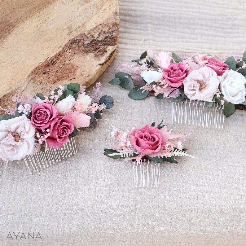 Hair comb ROSY dried and blush pink preserved flower boho wedding hairstyle, hair comb eternal roses blush pink 画像 1