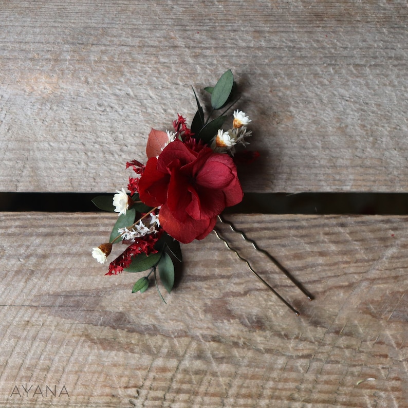 Hairpin FAUVE, burgundy preserved hydrangea hair stick, hair accessory in natural flower, Christmas gift image 1