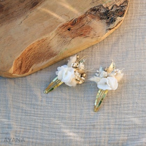 Barrettes à cheveux ISABEL en fleurs stabilisées blanches et dorées pour enfant et adulte, Accessoire à cheveux mariage, baptême, communion image 6