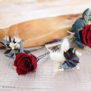 Epingles à cheveux NELLY en fleur séchée et stabilisée pour coiffure mariage bohème couleur rouge bordeaux, cadeau demoiselle d'honneur image 4