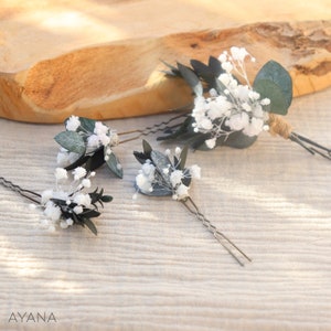 Lot épingles à cheveux LISON en fleur stabilisée pour coiffure mariage bohème, accessoire en gypsophile blanc et eucalyptus naturel durable image 6