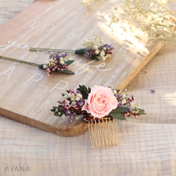 Set di forcine per capelli CHERRY in fiore stabilizzato matrimonio boho,  pettine piccolo con rosa eterna rosa per sposa e damigella -  Italia