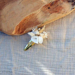 Hair clips ISABEL in white and gold preserved flowers for children and adults, Wedding or baptism and communion hair accessory. 1 barrette clic-clac