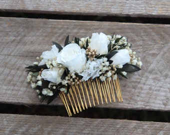 Peigne CAROLINE fleur stabilisée mariage blanc et doré, peigne de fleurs séchées et stabilisée pour coiffure mariée bohème chic