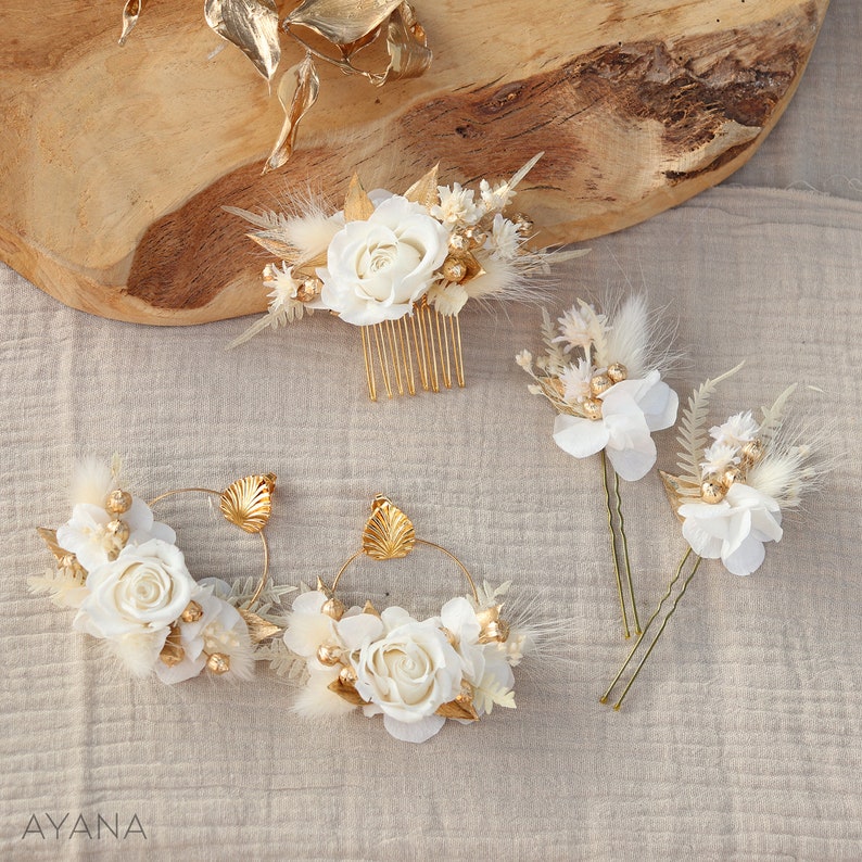 Peigne CHARLINE roses blanches stabilisées coiffure mariage bohème chic, Peigne élégant blanc et doré roses éternelles et fleurs séchées image 4