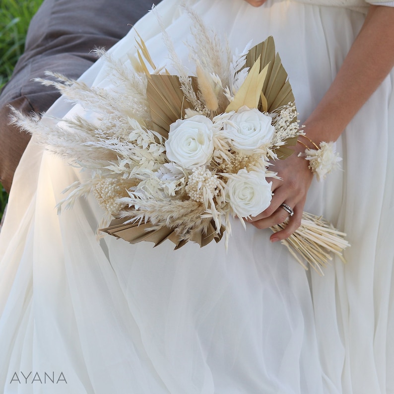 Trendy bridal bouquet OXFORD made of dried and preserved natural flower, boho style wedding bouquet with white eternal rose, pampas and palm image 1