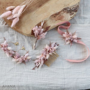 BRIDGET comb dried and preserved flower pink blush romantic hairstyle, Long lasting natural flower haircomb for boho eco-responsible wedding 1peigM+1brac+bout+BO
