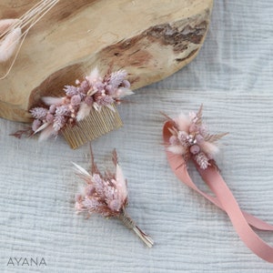 BRIDGET comb dried and preserved flower pink blush romantic hairstyle, Long lasting natural flower haircomb for boho eco-responsible wedding 1peig M+1brac.+1bout