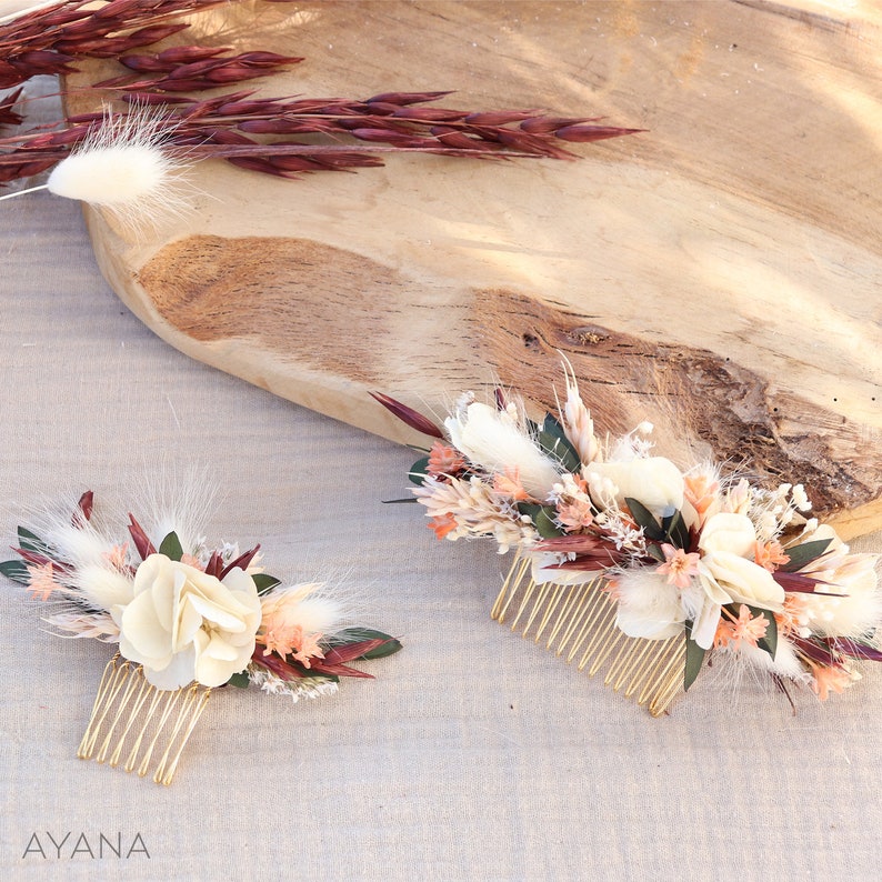 Hair comb ROSITA dried and preserved flowers terracotta shade boho wedding, Hairdressing comb natural flower sustainable country wedding image 2