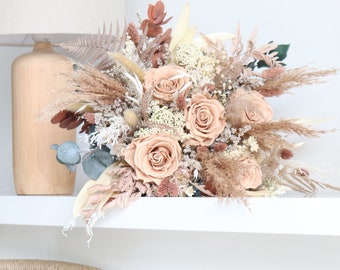 Bouquet DENVER fleurs séchées et stabilisées teinte nude country chic, arrangement rose éternelles et pampa ton naturel mariage bohème