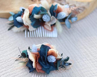 SAMANTHA hair comb dried and preserved flowers blue terracotta boho wedding bridal hair accessory