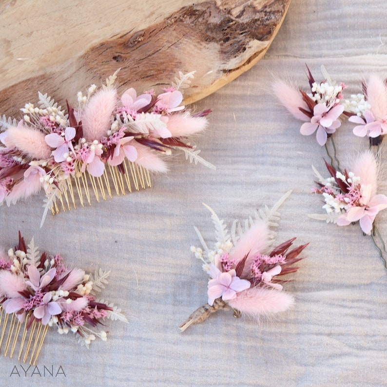 Lot épingles à cheveux ELEANOR en fleur séchée pour coiffure mariage bohème rose et terracotta, accessoire cheveux teintes pastel image 9